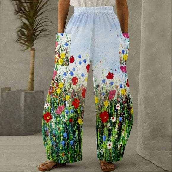 Linen Pants Women Summer and Autumn 2023 Casual Printing Pockets Elastic Mid-Waist Comfortable Wide-Legged Loose Pants Plus Size High Waist Causual Pants for Women