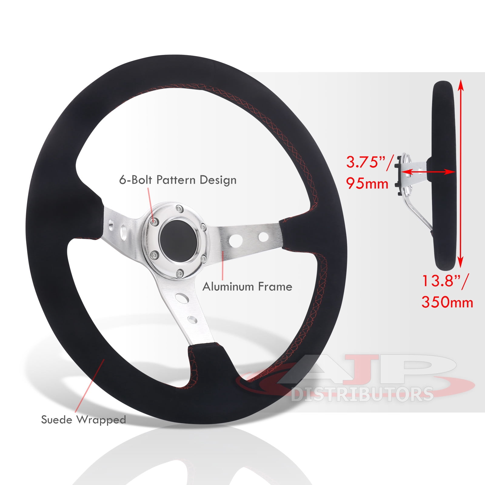 AJP Distributors JDM Sport Universal 350mm 14" Black Suede 6 Bolts Holes Steering Wheel Red Stitching Light Weight Aluminum Deep Dish Spokes + Horn Button Drifting Grip Replacement