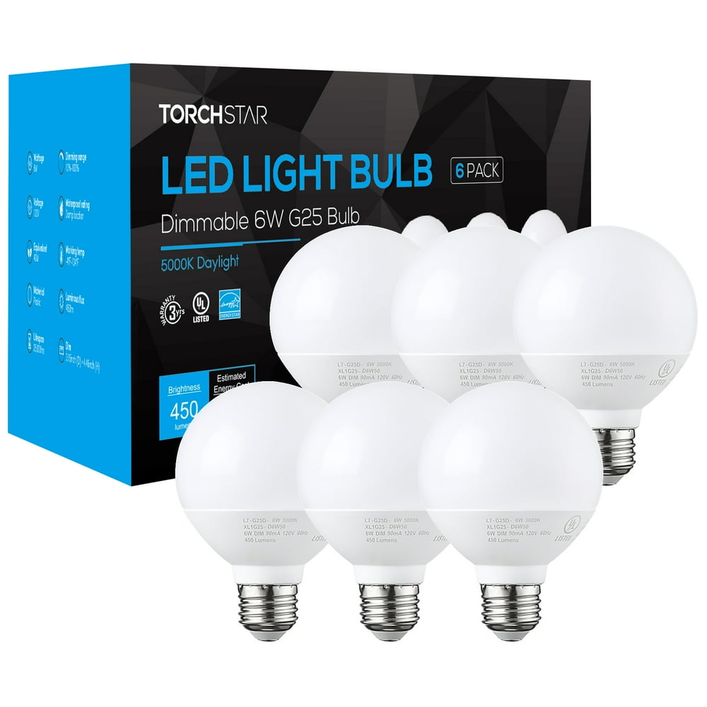 6 Pack G25 Globe LED Light Bulb, 6W (40W Equiv.), 5000K Daylight,E26