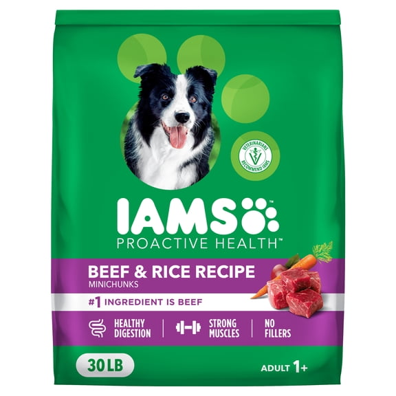 IAMS Proactive Health Dry Dog Food, Adult Dog Food Dry Recipe, Beef & Rice Recipe, 30 lb. Bag
