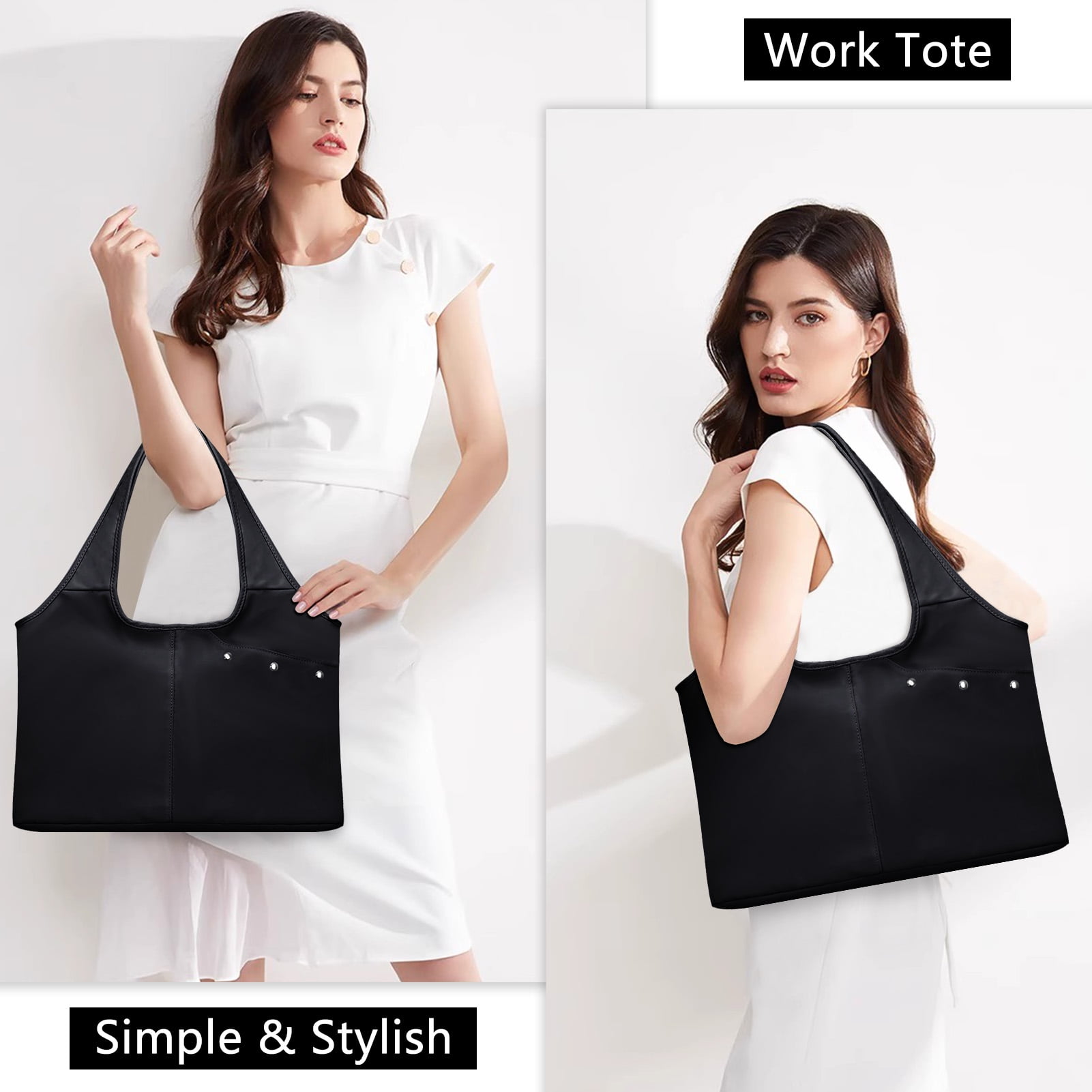 HAWEE Utility Shoulder Bag for Women Black Tote Purse with Wet Umbrella Pocket and Water Bottle Pocket Fits 13.3” Laptop