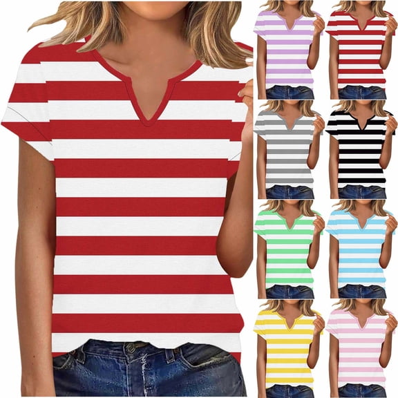 YHAJDS Womens T Shirts Basic Tops for Innerwear or Summer Short Sleeve V Neck All Over Print Blouse