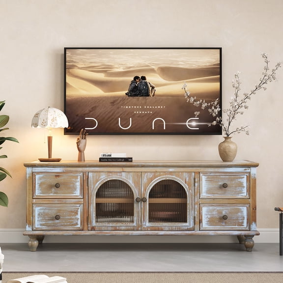 60" Farmhouse TV Stand with 4 Drawers & 2 Glass Doors, Rustic Wood Media Console, Distressed Entertainment Center for TV, Natural Antique White