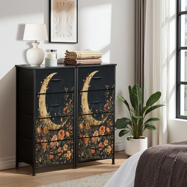 Moody Dresser for Bedroom with 4 Storage Drawers 3D Texture Moody Moon Gothic Moon Flower Vintage Cottagecore Dressers Chest of Drawers Steel Framed Moody Dresser for Bedroom with 4 Storage Drawers 3D Texture Moody Moon Gothic Moon Flower Vintage Cottagecore Dressers Chest of Drawers Steel Framed