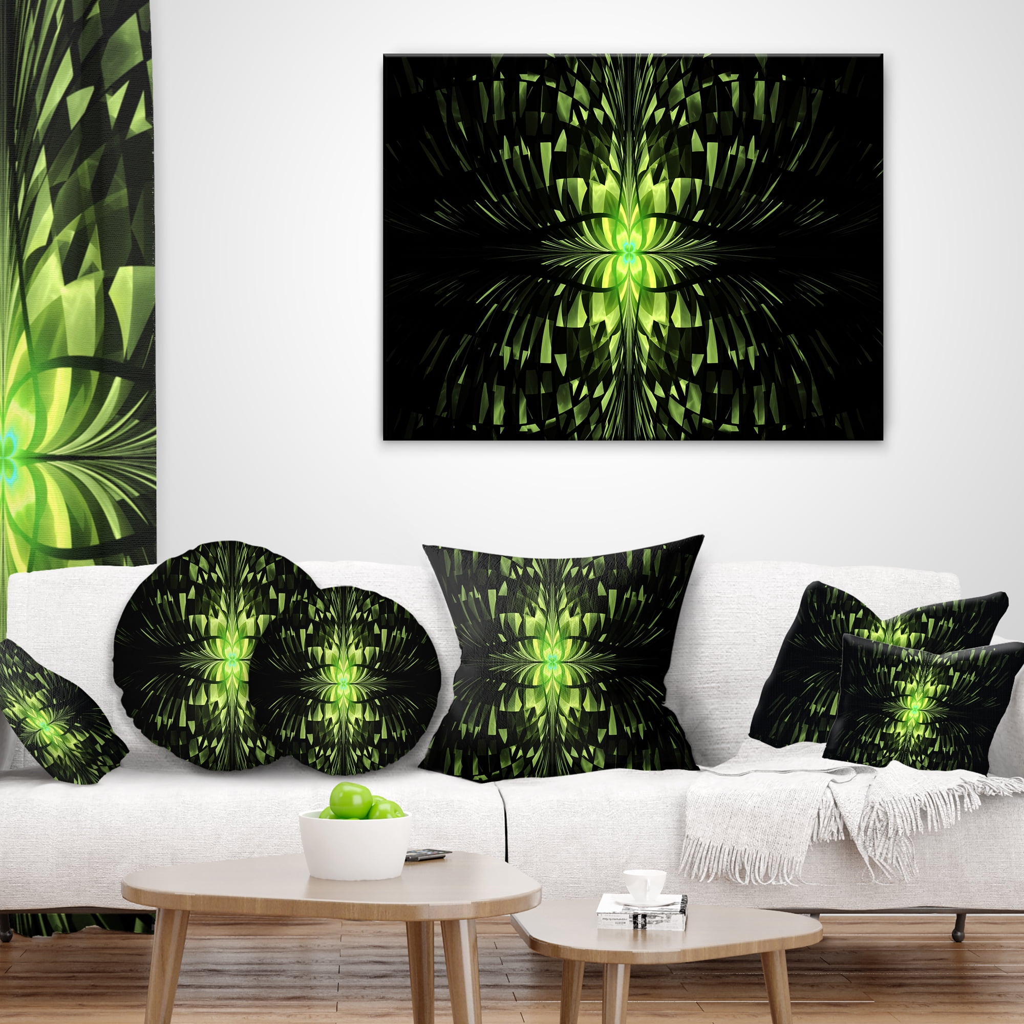 Designart Green Butterfly Pattern on Black - Abstract Throw Pillow - 16x16