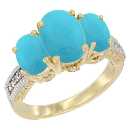14K Yellow Gold Diamond Natural Turquoise Ring 3-Stone Oval 8x6mm, size 9