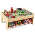 thumbnail image 1 of Gymax 94 PCS Wooden Train Set Table w/Reversible Tabletops 3 Storage Bins Tracks Cars, 1 of 10