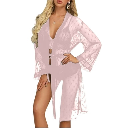 XWSHYW Pajama Sets for Woman Summer Solid Color Lace Sleepwear Sexy Crew Neck Long Sleeve Bra and Panty Sets Deals Of the Week Clearance