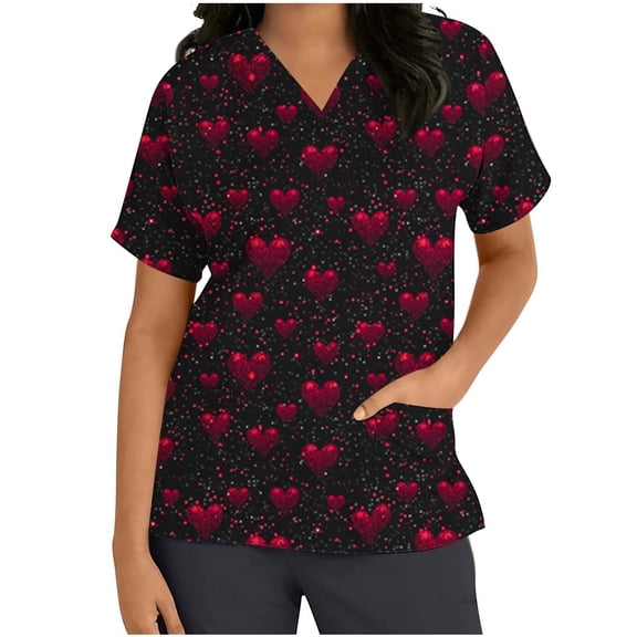 Idoravan Womens Tops Short Sleeve with Graphics Women's Scrub Tops Ladies' Protective Clothing Heart Shape Printed V-Neck Short Sleeve Tops Nursing Uniform Tops with Pockets Multicolor S