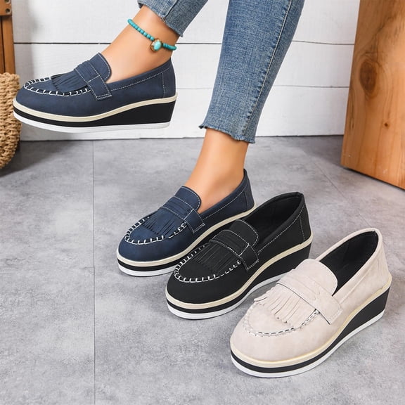 Miluxas Women's Tassel Suede Platform Loafers Fashion Comfortable Round Toe Slip on Anti-Slip Wedge Walking Shoes for Daily Driving Work Casual Shoes Gray 9.5(43)