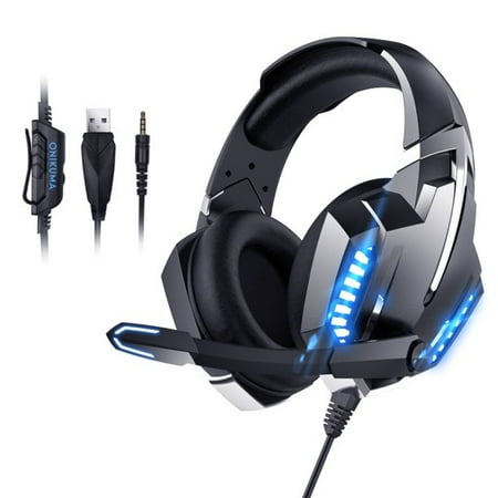 Gaming Headset for PS4 Xbox One Nintendo Switch, Over-Ear Headphones with Noise Cancelling Microphone and Breathable Ear Pads, Bass Surround Sound & Glowing LED Light, Game Headset for Laptop PC