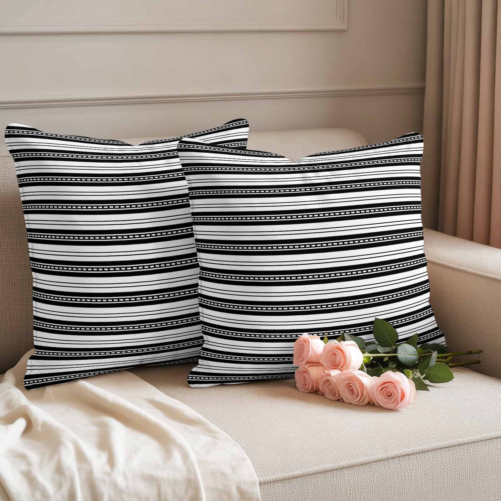 Boho Black Stripe Outdoor Waterproof Pillow Covers, Abstract Geometric White Minimalist Decorative Square Throw Pillowcase Sofa Cushion Sham for Patio/Couch/Chair, 20"x20" 2 Pack