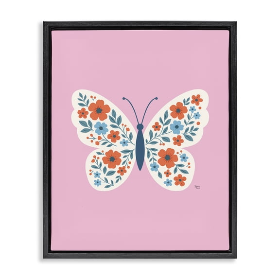 Boho Pink Floral Butterfly Black Framed Floater Canvas Wall Art, design by Jessica Beck
