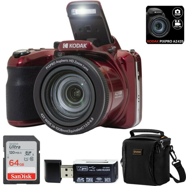 Kodak PIXPRO AZ425 Astro Zoom 20MP Full HD Digital Camera Bundled with SanDisk 64GB Memory Card and Camera Bag. Get a Free SD Card Reader and Custom Cleaning Cloth (RED)