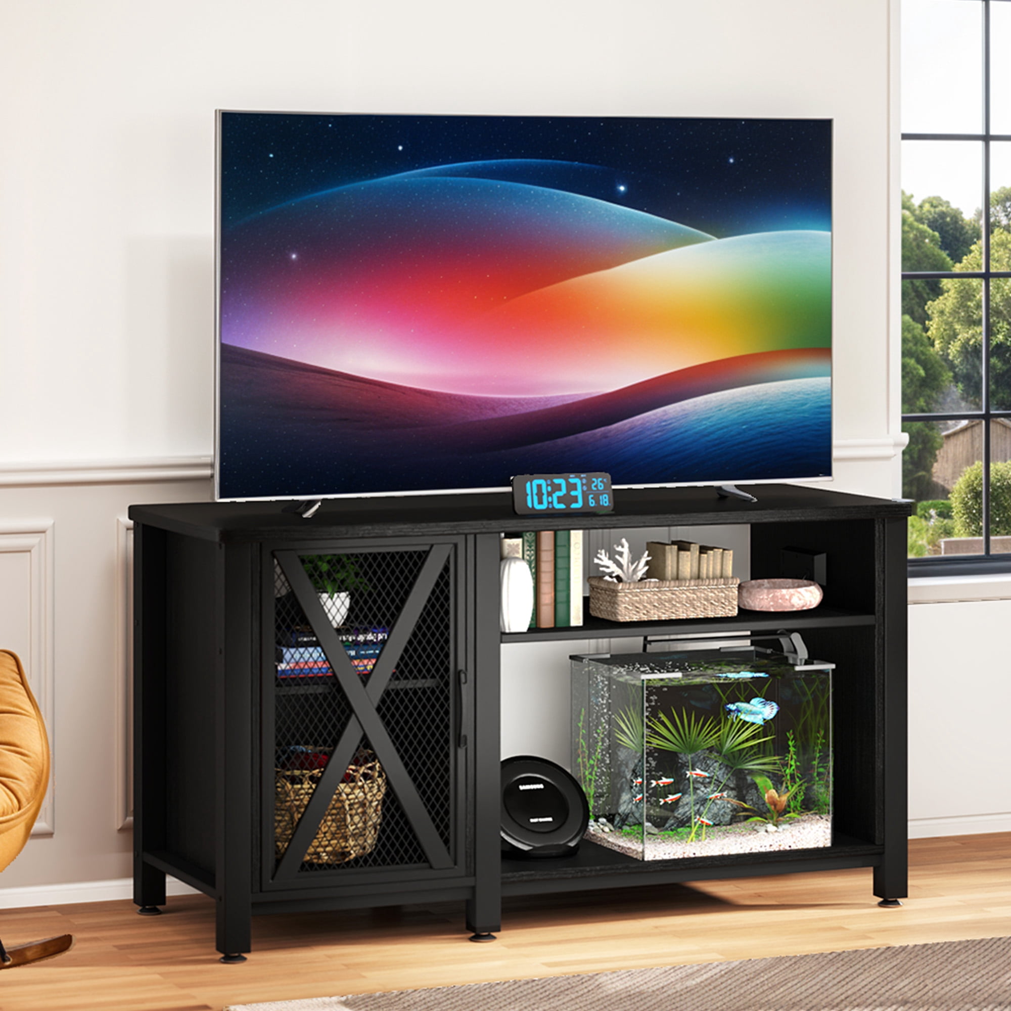 Uforic 52"Modern Farmhouse TV Stand with Power Outlet for TVs up to 60" - Black