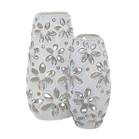 DecMode 14", 11"H Floral Handmade Daisy Cut Out White Ceramic Vase, Set of 2