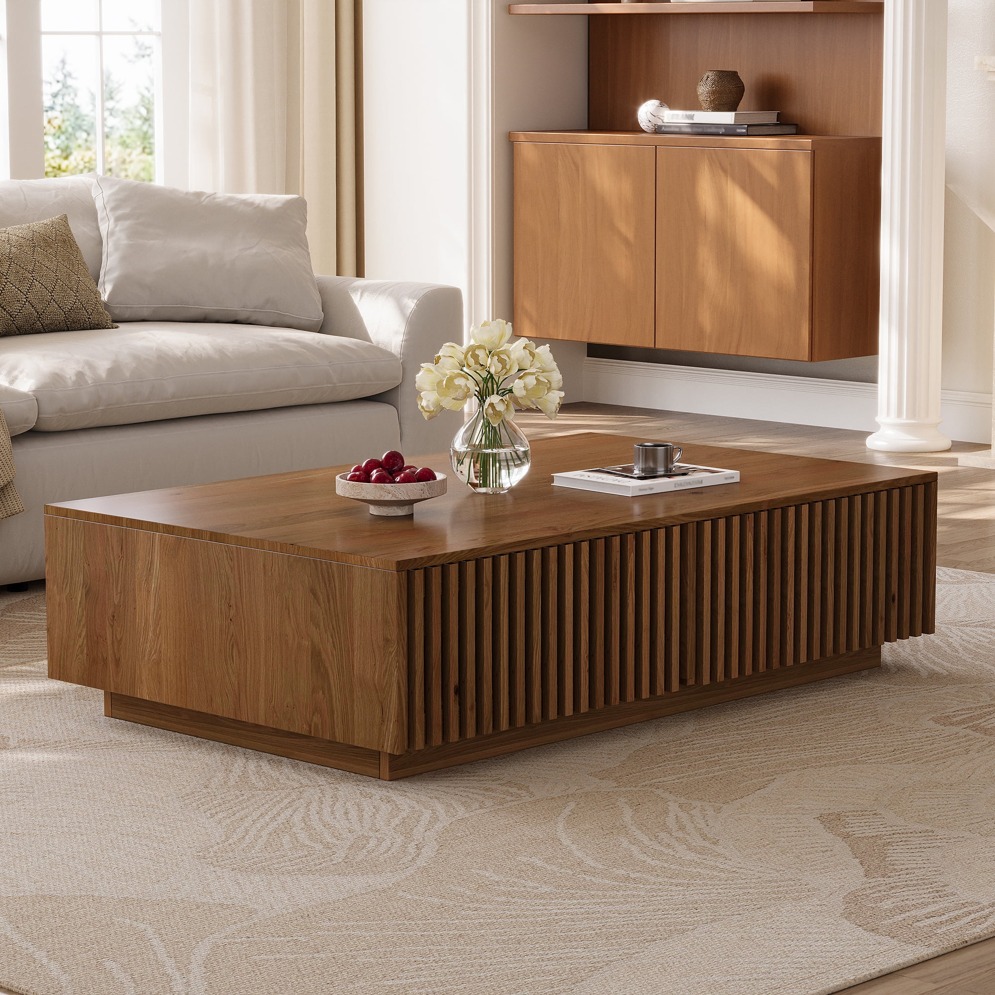 47.2x23.6-Inch Rectangular Coffee Table with Slatted Storage Drawers, Low Profile Mid-Century Center Table and Cocktail Table for Living Room, Walnut