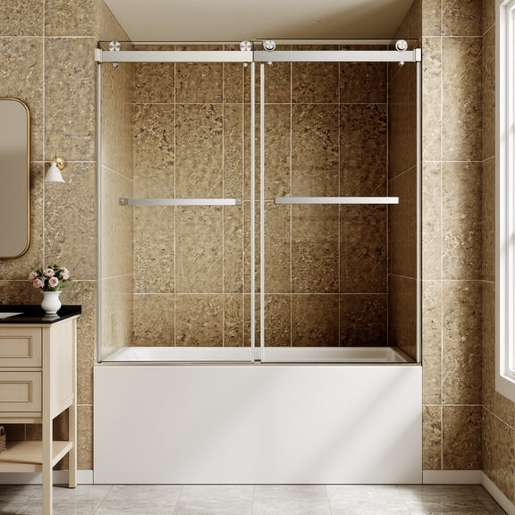 KPUY 56" - 60" x 60" Frameless Double Sliding Bath Tub Shower Door with 5/16" Tempered Glass, Explosion-proof Film, Double Stainless Steel Handle, Brushed Nickel