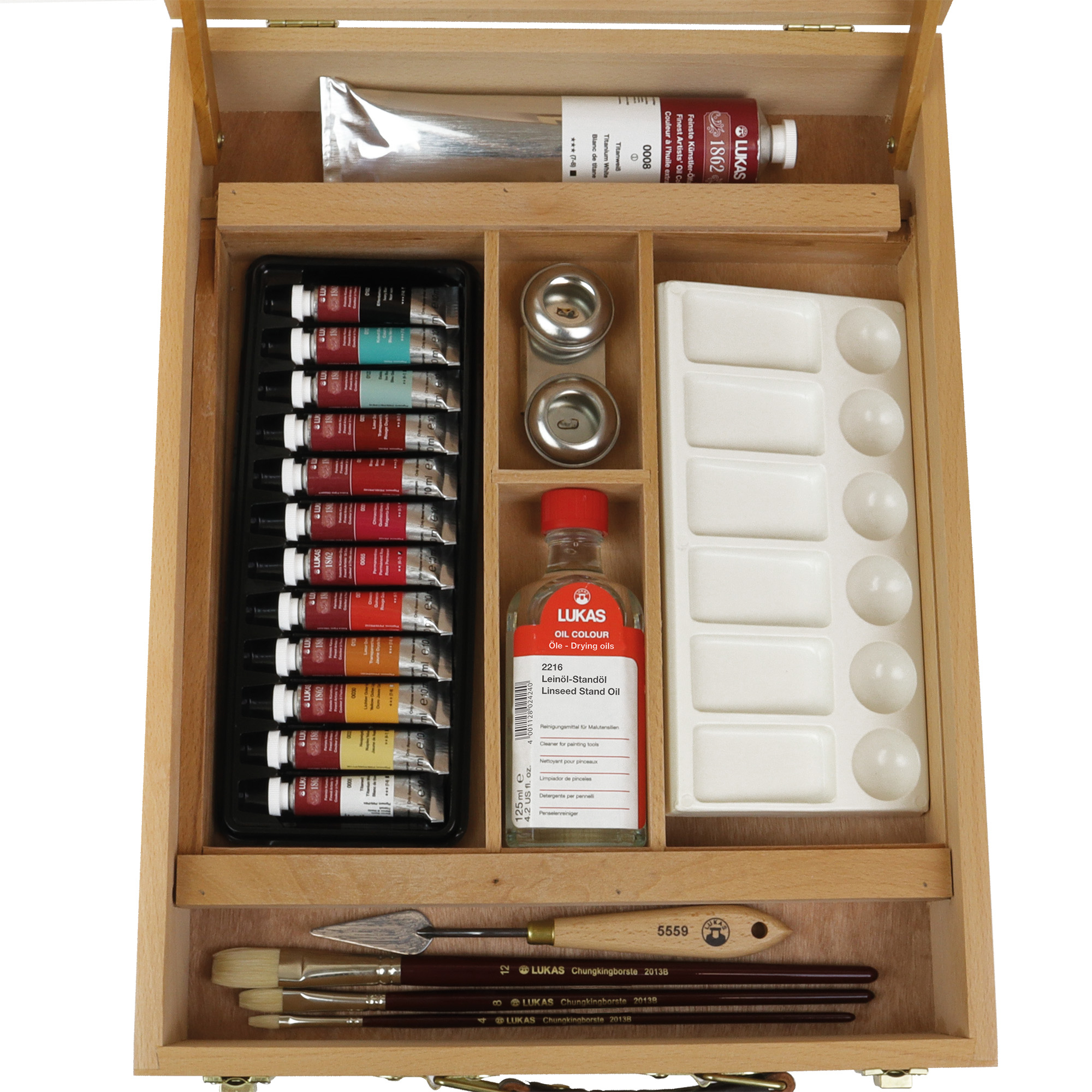 Lukas 1862 Oil Color Limited Edition Wood Box Easel Set -Professional Paint Set & Painting Kit for Adults -Includes Titanium White, 12 10ml Colors, Brushes, Palette, Canvas, & Linseed Stand Oil