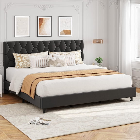 Grey King Upholstered Bed Frame with Headboard, Heavy-Duty Platform Bed Frame with Strong Wood Slats, No Box Spring Needed/Easy Assembly/Noise Free