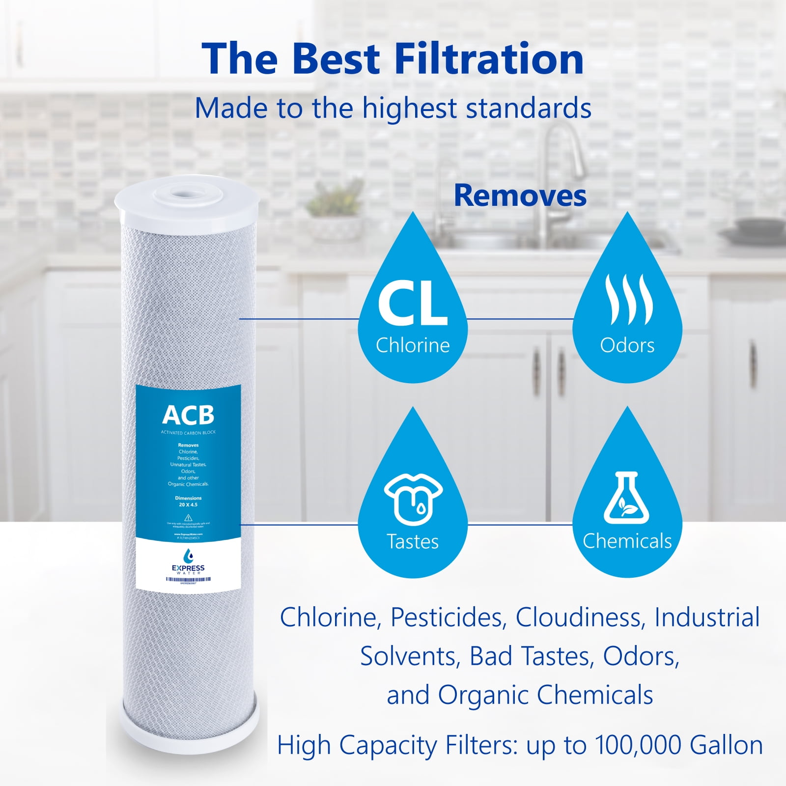 Express Water – 2 Pack Big Blue Filter Activated Carbon Block Replacement Filter – ACB Large Capacity Water Filter – Whole House Filtration – 5 Micron – 4.5” x 20” inch