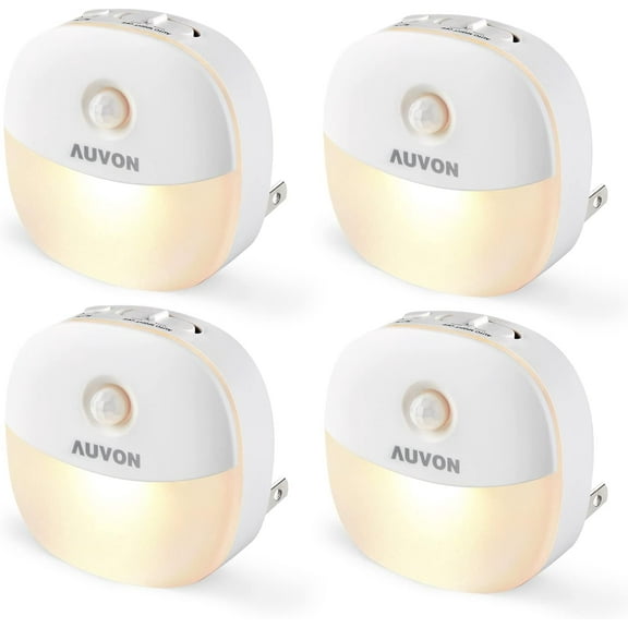 Plug in Night Light with Motion Sensor and Dusk to Dawn Sensor, Mini Warm White LED Nightlight with 1-50 lm Adjustable Brightness for Bathroom, Hallway, Stairs, Bedroom, Kitchen, 4 Packs