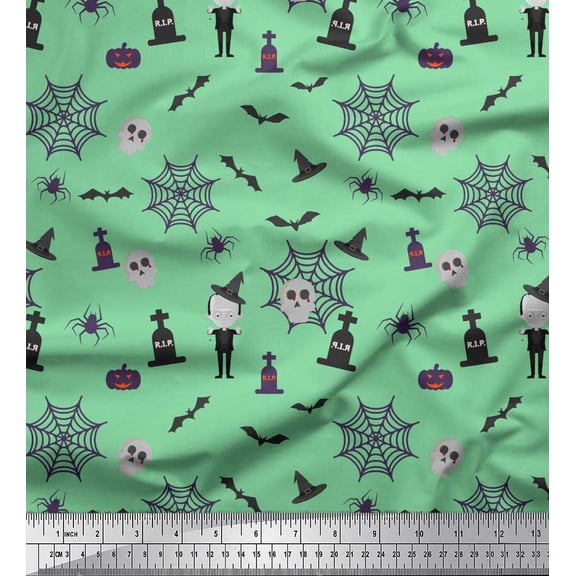 Soimoi Silk Fabric Bat,Skull & Witch Halloween Print Sewing Fabric Yard 42 Inch Wide