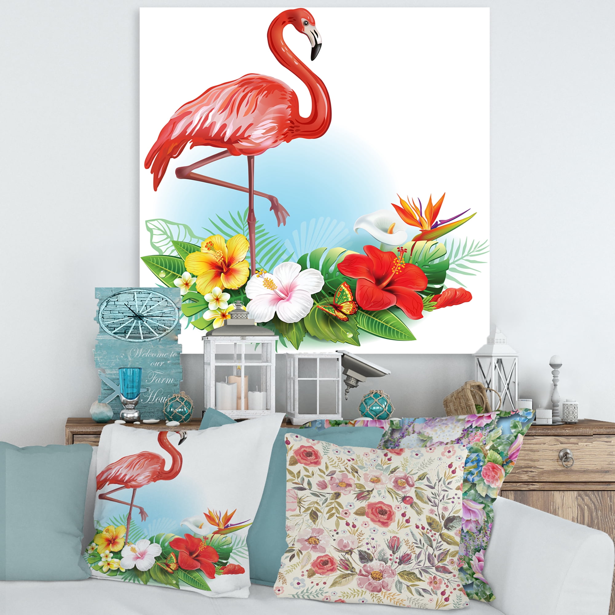Designart ' Arrangement with Flamingo and Tropical Flowers ' Traditional Canvas Wall Art Print