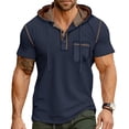 thumbnail image 2 of Summer Shirt For Men Fashion Casual Button Hooded Solid Patchwork Short Sleeve Gym Workout Athletic Tee Shirt ( Blue ) S-3XL, 2 of 7