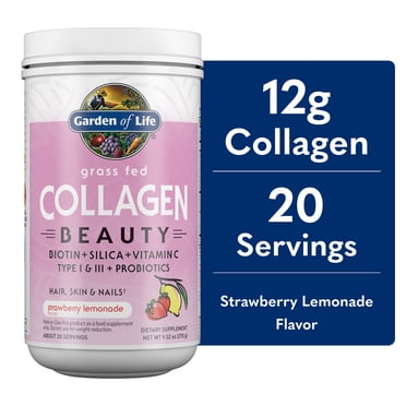 Garden of Life Grass Fed Collagen Beauty, 11g Collagen with Biotin & Silica, Strawberry Lemonade Powder