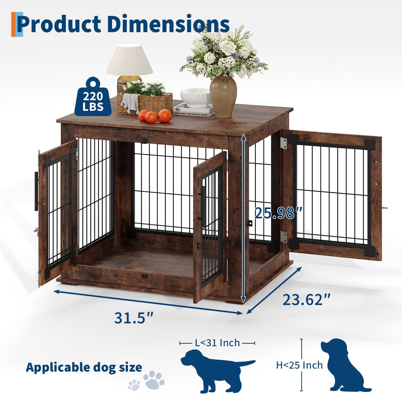 Home Heavy Duty Wooden Farmhouse Dog Crate Furniture with Double Doors, 31 Inch Wooden Dog Kennel End Table for Small / Medium Dogs, Dog House Cage Anti-Chew Pet Furniture