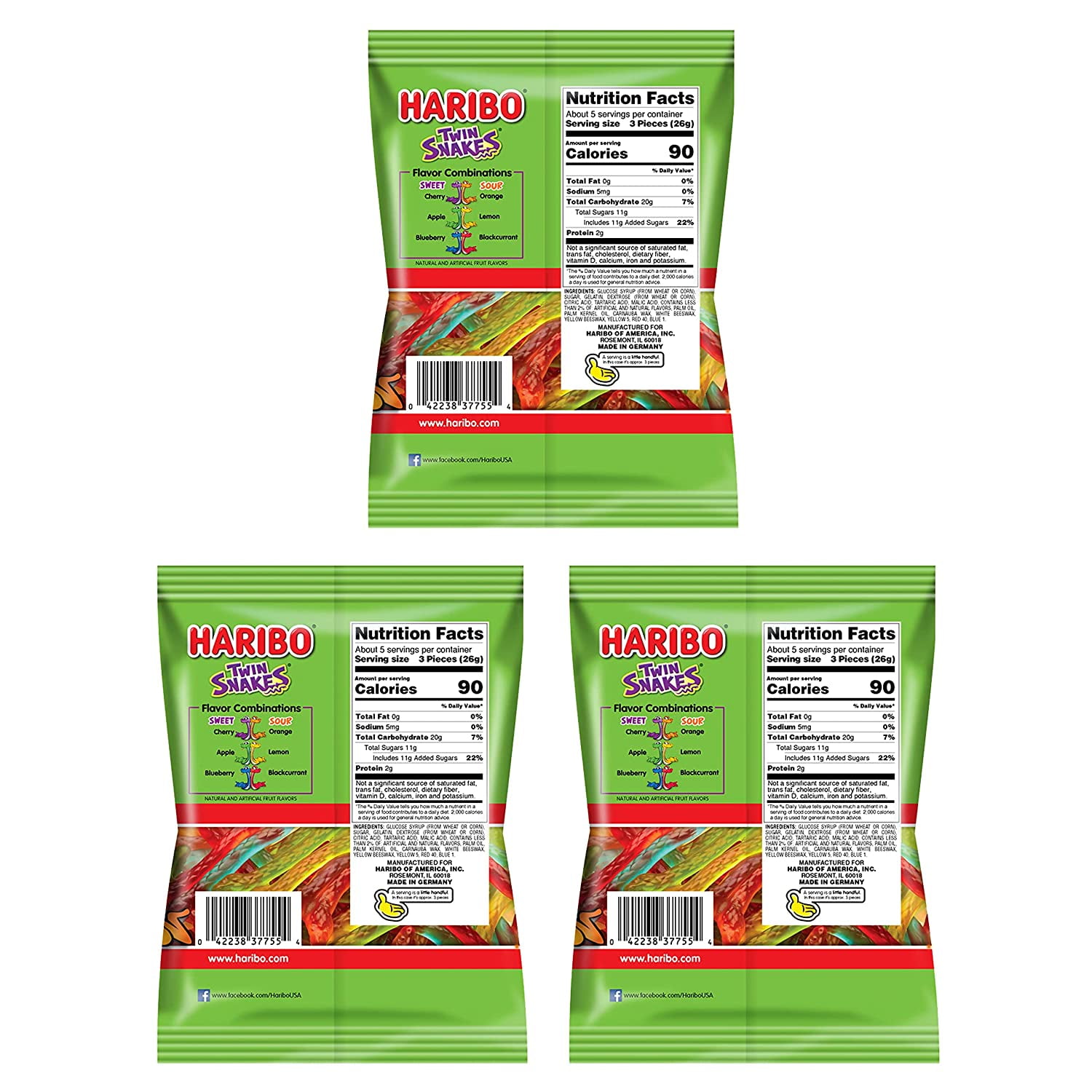 Haribo Sweet & Sour Snakes Pack 3 (5oz Bags) Gummi Candy Peg Bag for Movies, , Easter, and More in a Bulk Bag