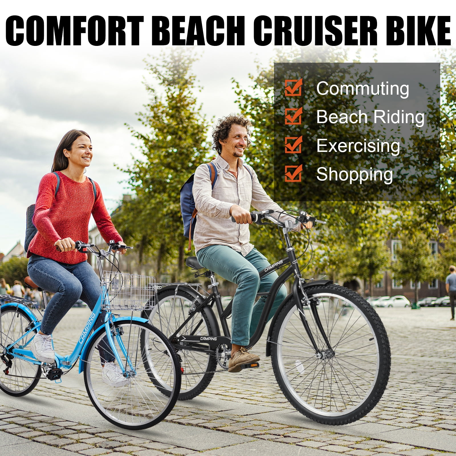 Ktaxon 26in Folding Beach Cruiser Bike for Women, 7-Speed City Commuter Bike with Lock, Basket & Rack, Blue