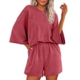 thumbnail image 1 of Conjunto de Verano Casual para Mujeres Color Sólido Manga Corta con Pantalones Cortos Elásticos, 1 of 3