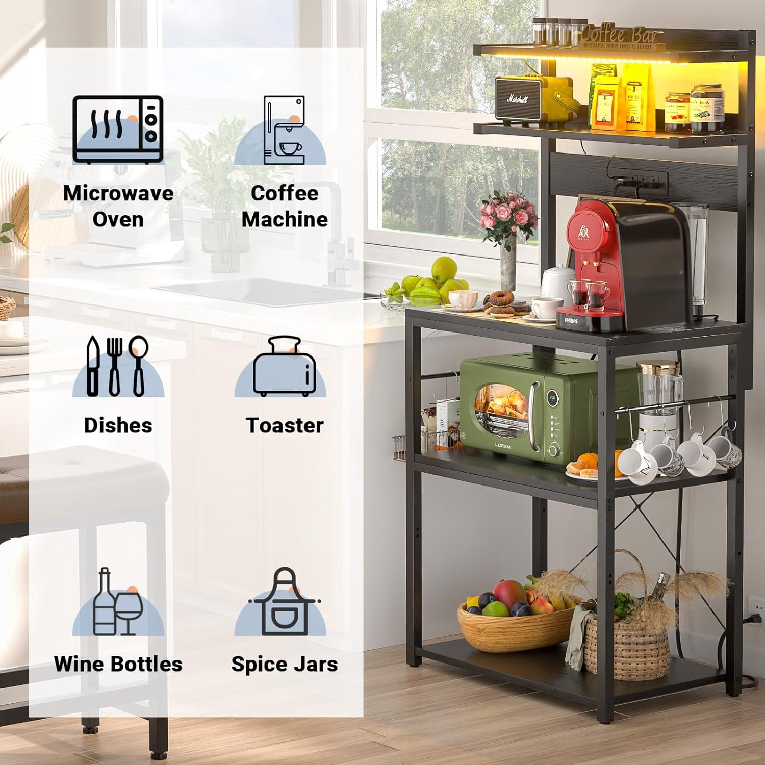 iSunirm 5-Tier Bakers Rack with Power Outlet, Microwave Stand, Coffee Bar Station with RGB Led Light, kitchen Storage Shelf with 6 Hooks, Kitchen Rack for Spices, Pots, and Pans, Black