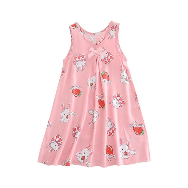 Chemises de Nuit pour Fille 1-14 Ans Chemises de Sommeil en Coton Vêtements de Nuit Été Sans Manches Col Rond Imprimé Nœud Ample et Confortable Robe de Climatisation Rose B