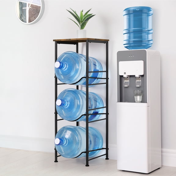 OYEAL 3-Tier 5 Gallon Water Jug Holder, Heavy Duty Water Bottle Rack with Storage Shelf, Space-Saving Water Cooler Jug Holder Rack for Home, Kitchen or Office, Brown