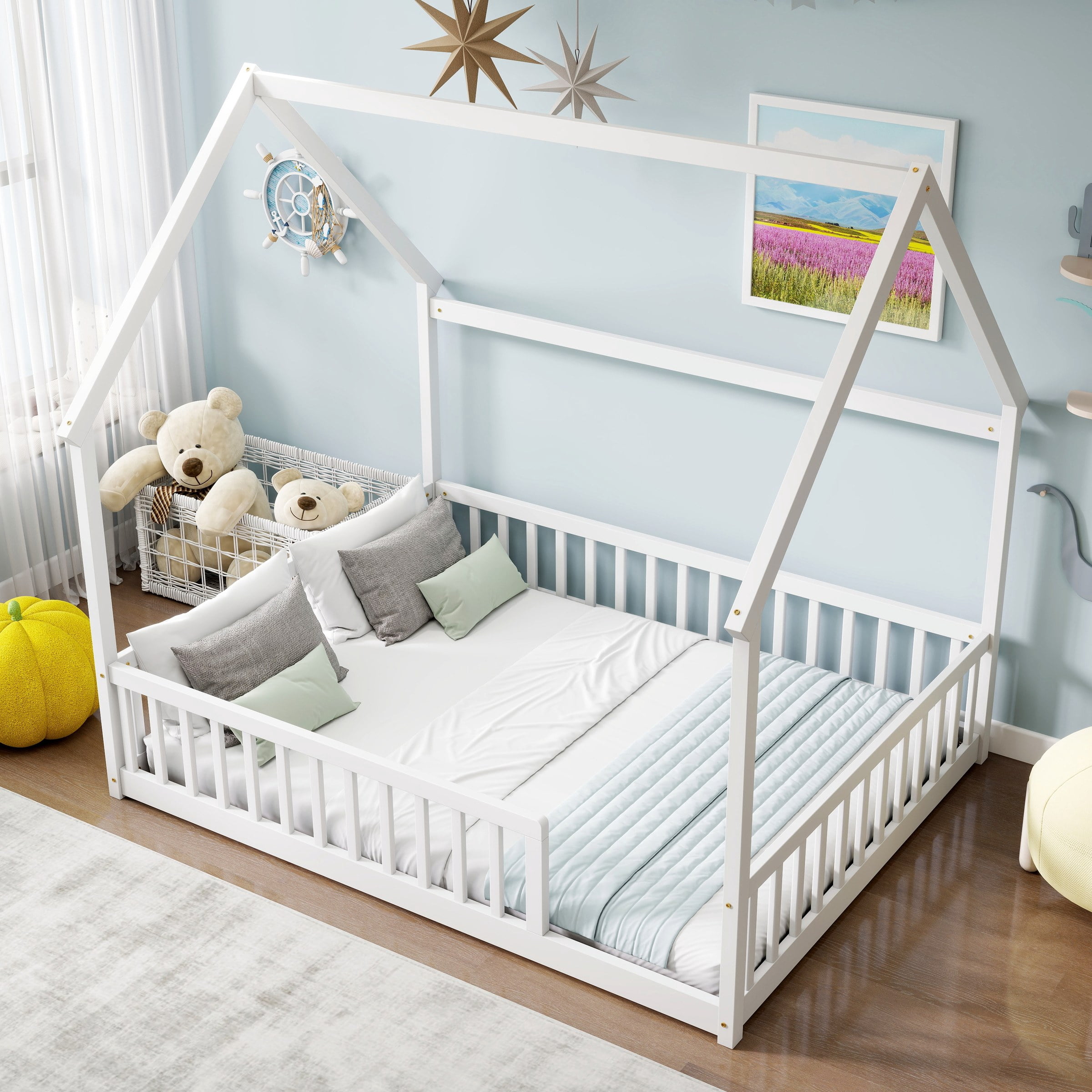 Full Size House Floor Bed with Roof Frame, Pine Wood Floor Bed with Safety Guardrails, White