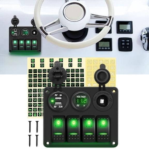 Waywe 4 Gang Rocker Switch Panel with USB Charger Voltmeter and Cigar Lighter 12V 24V Toggle Switch ON Off Rocker Switch Green for Cars Rvs Trucks