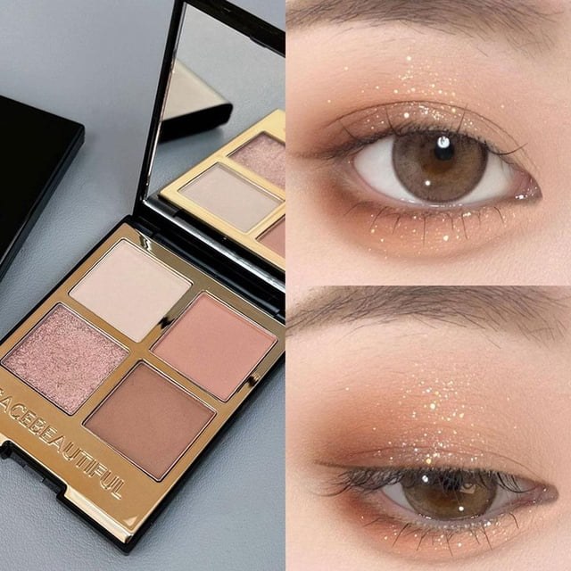 Compact 4-Color Eyeshadow Palette Kit: Shimmer & Matte Finishes, Black, Gold & Earth Tones for Travel, Portable Makeup Set