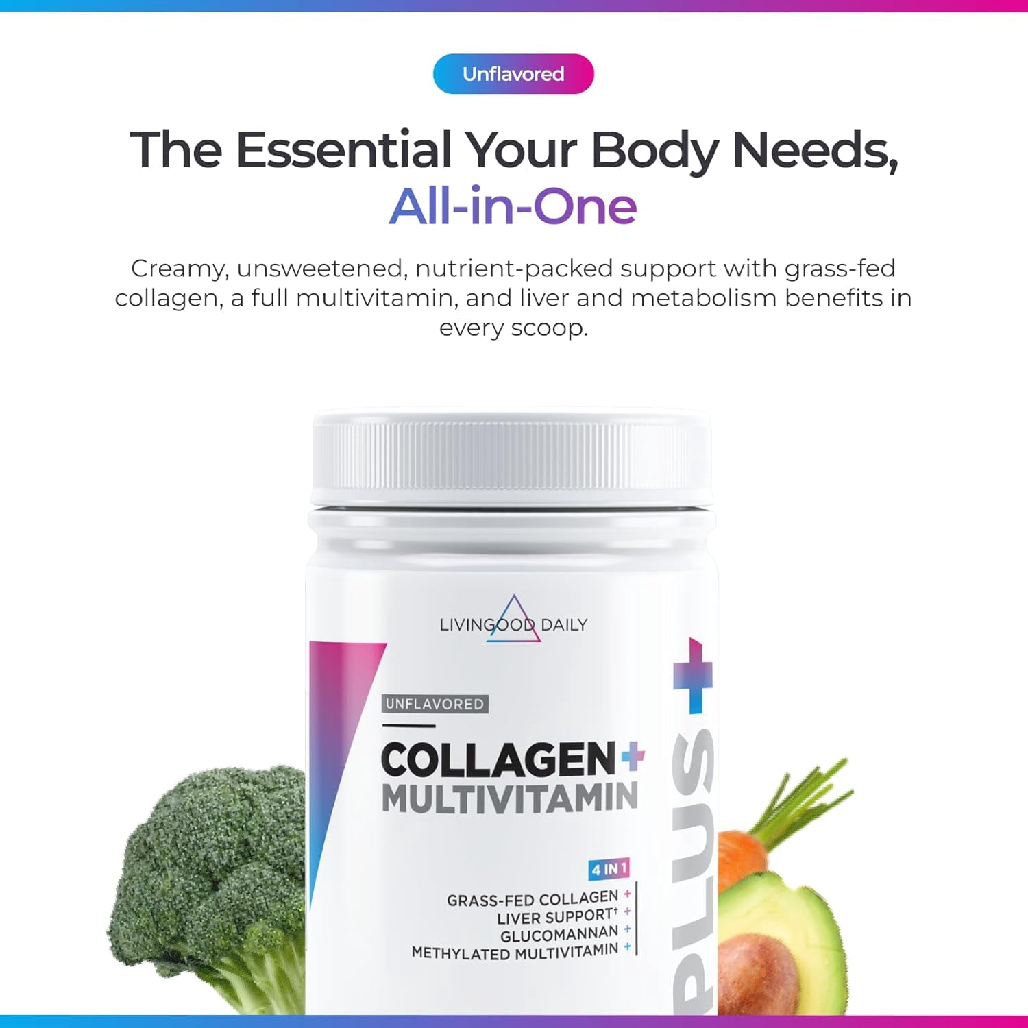 Livingood Daily Collagen Peptides Powder Unflavored, 30 Servings - 4in1 Grass Fed Hydrolyzed Collagen Powder with Multi Vitamins