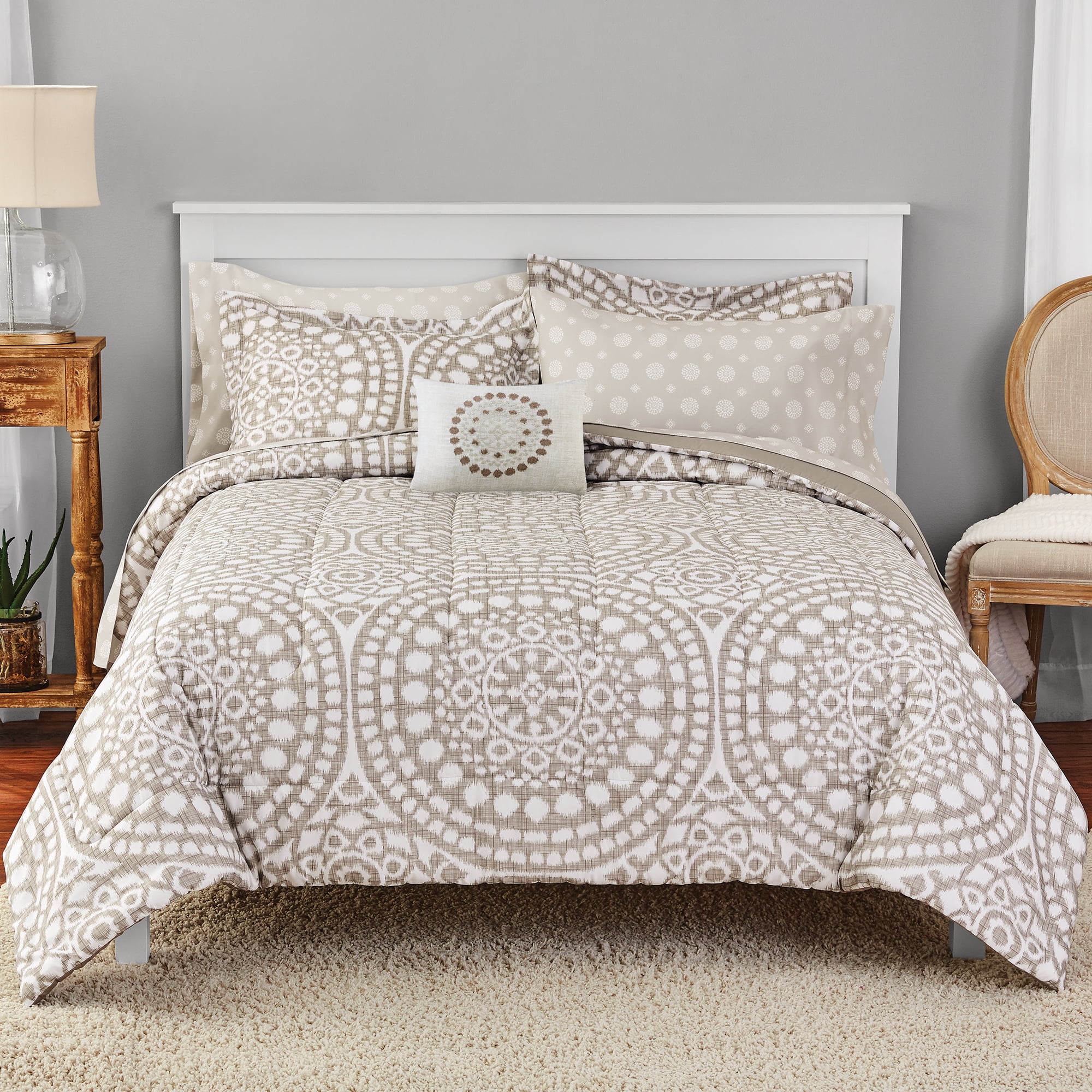 Mainstays Taupe Ikat Medallion Bed In A Bag Bedding Queen