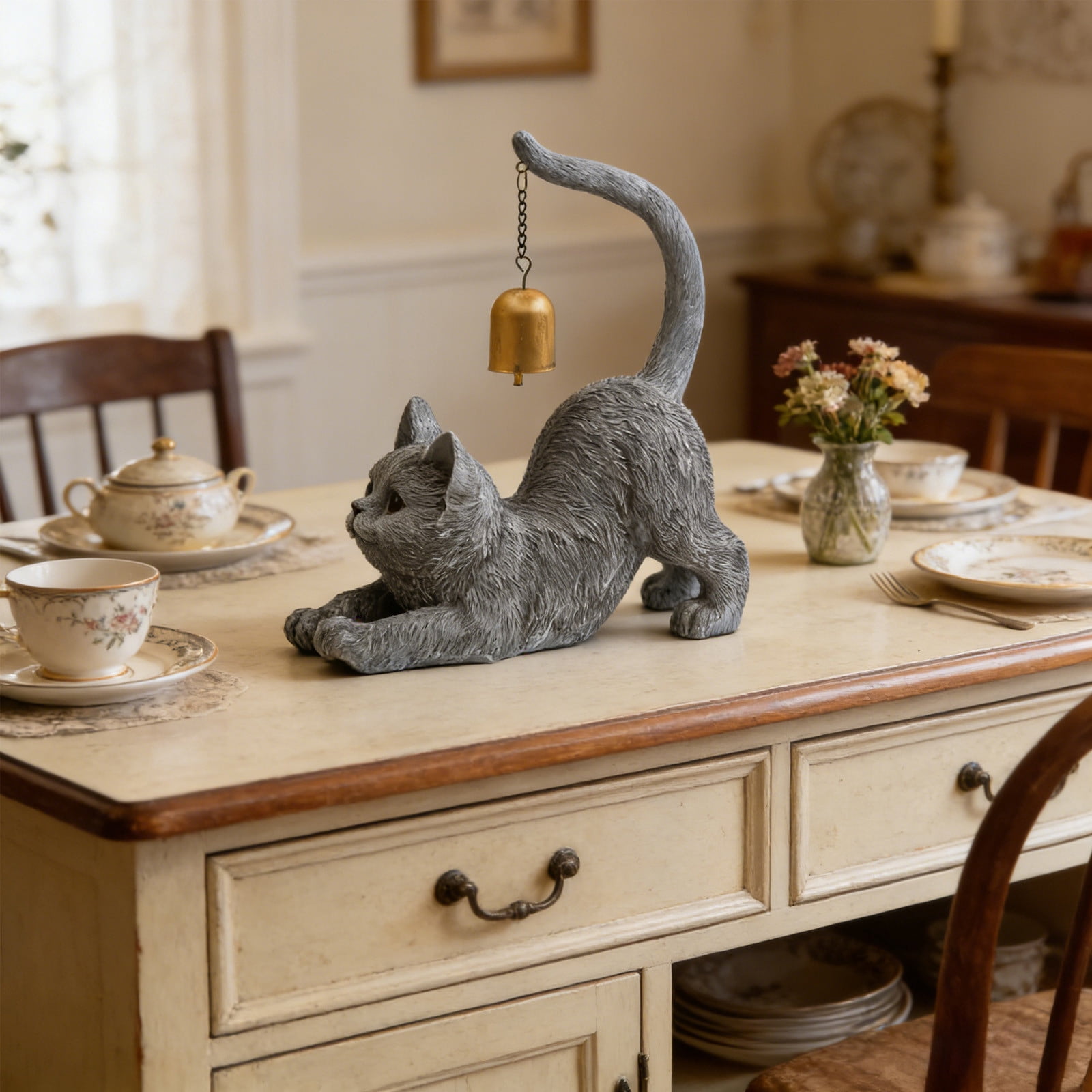 Lifelike Cat Sculpture Garden Statue – Premium Resin Home Decor Ornament – Feline Figurine for Indoor Shelf & Outdoor Patio,Gray