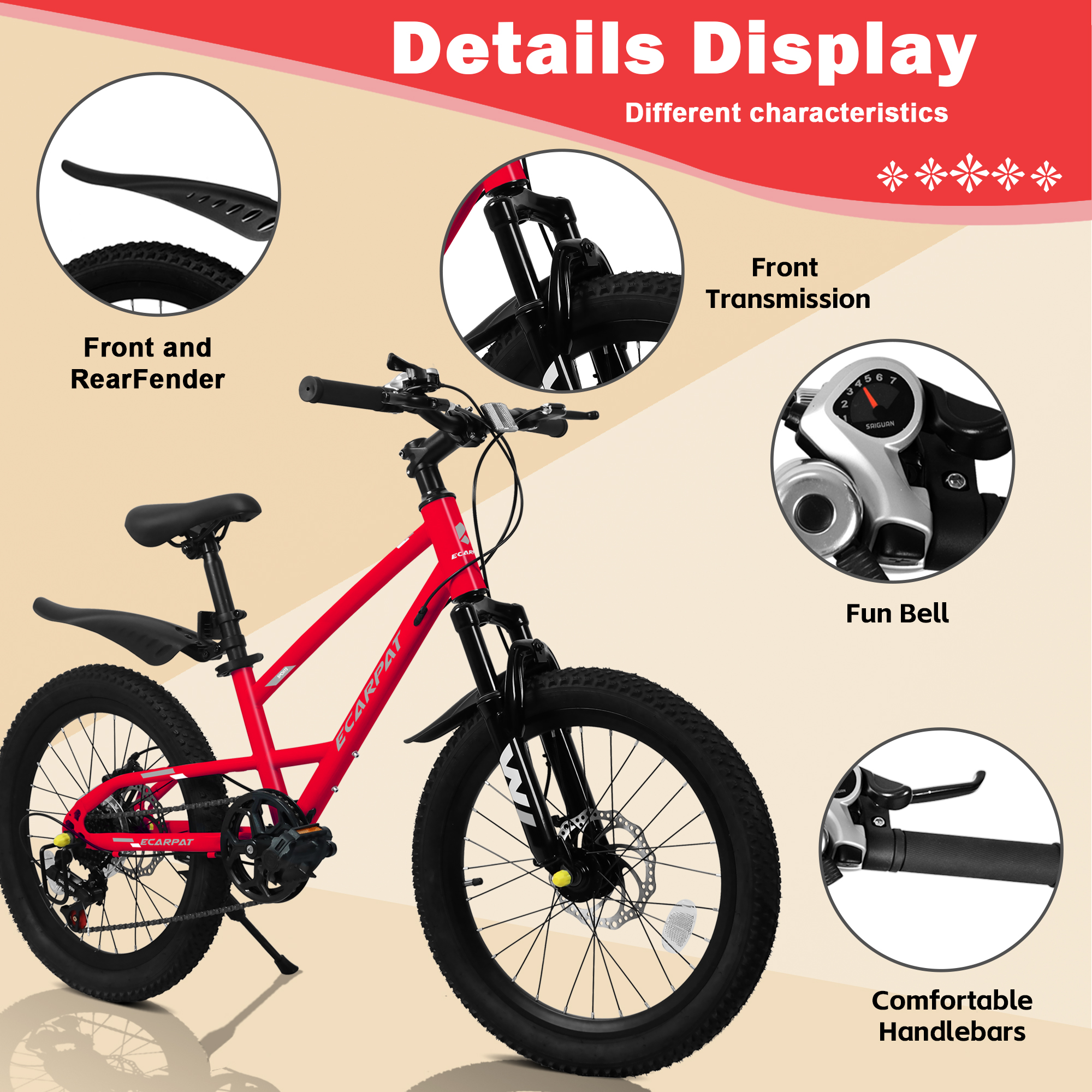 Aukfa 20" Mountain Bike for Boys Girls, 7-Speed Kids Bike with Front Disc Brake,Red