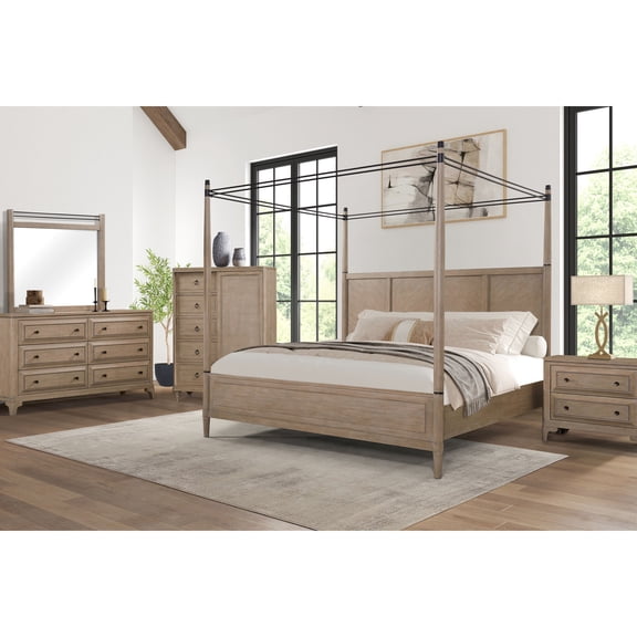 Queen Size Canopy Bed With Sand Finish - Solid Wood & Bedroom Style Warm Centerpiece