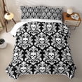 thumbnail image 2 of Homewish Bohemian Skull Skeleton Twin Quilt Set,Black White Damask Twin Coverlet Set,Halloween Duvet,2pcs, 2 of 7
