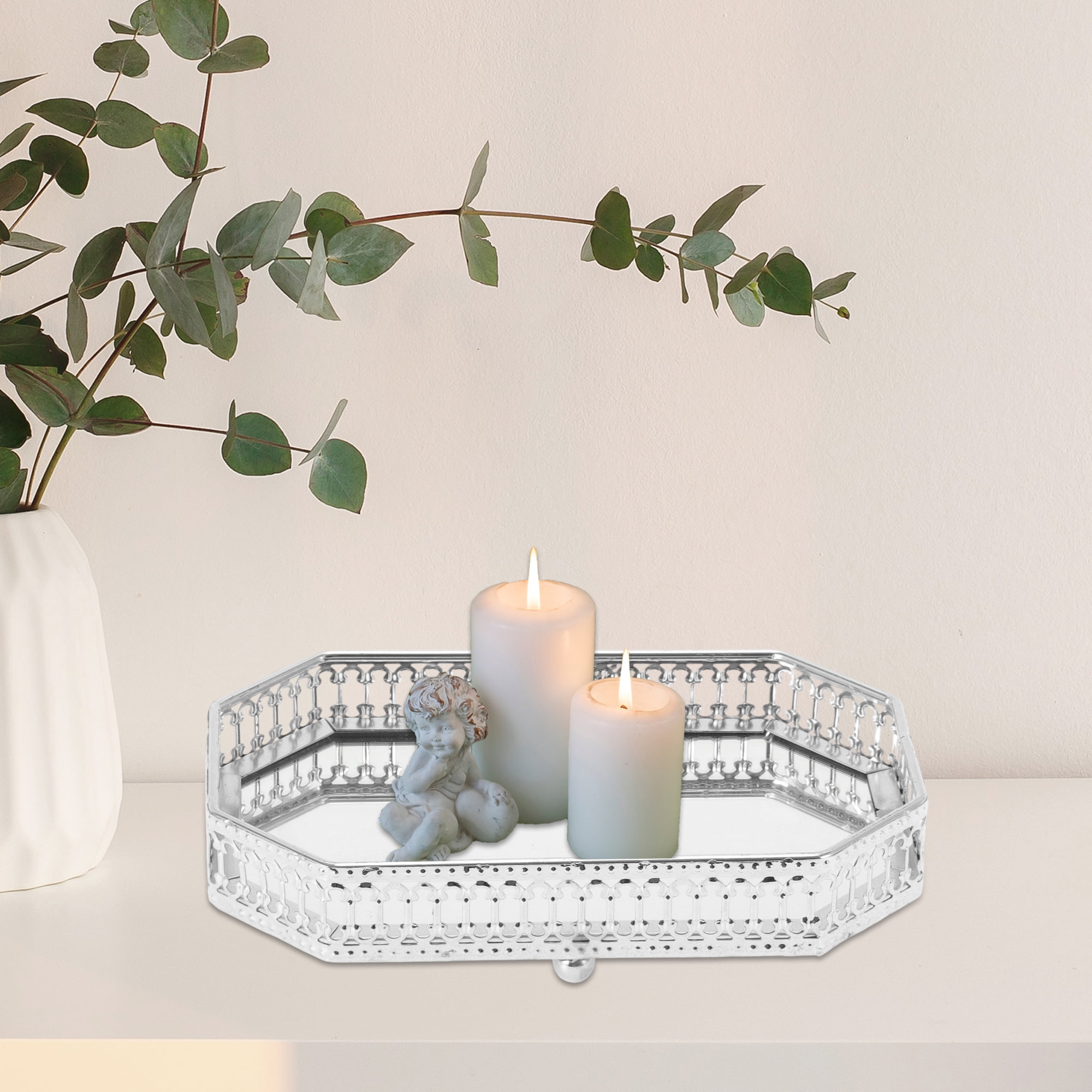 Unique Bargains Mirror Tray Rectangular Metal Perfume Glass Candle Serving Tray Silver