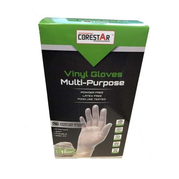 Corestar by Super Fit Vinyl Multi Purpose Disposable Gloves, Powder Free, Latex Free, 100 Gloves Per Box, Size Small