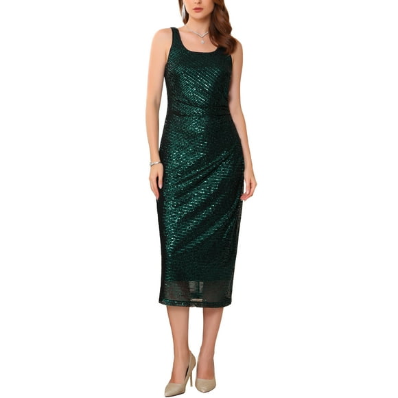 INSPIRE CHIC Women's Sequin Dress Cocktail Formal Sleeveless Backless Midi Bodycon Sparkly Dresses S Black