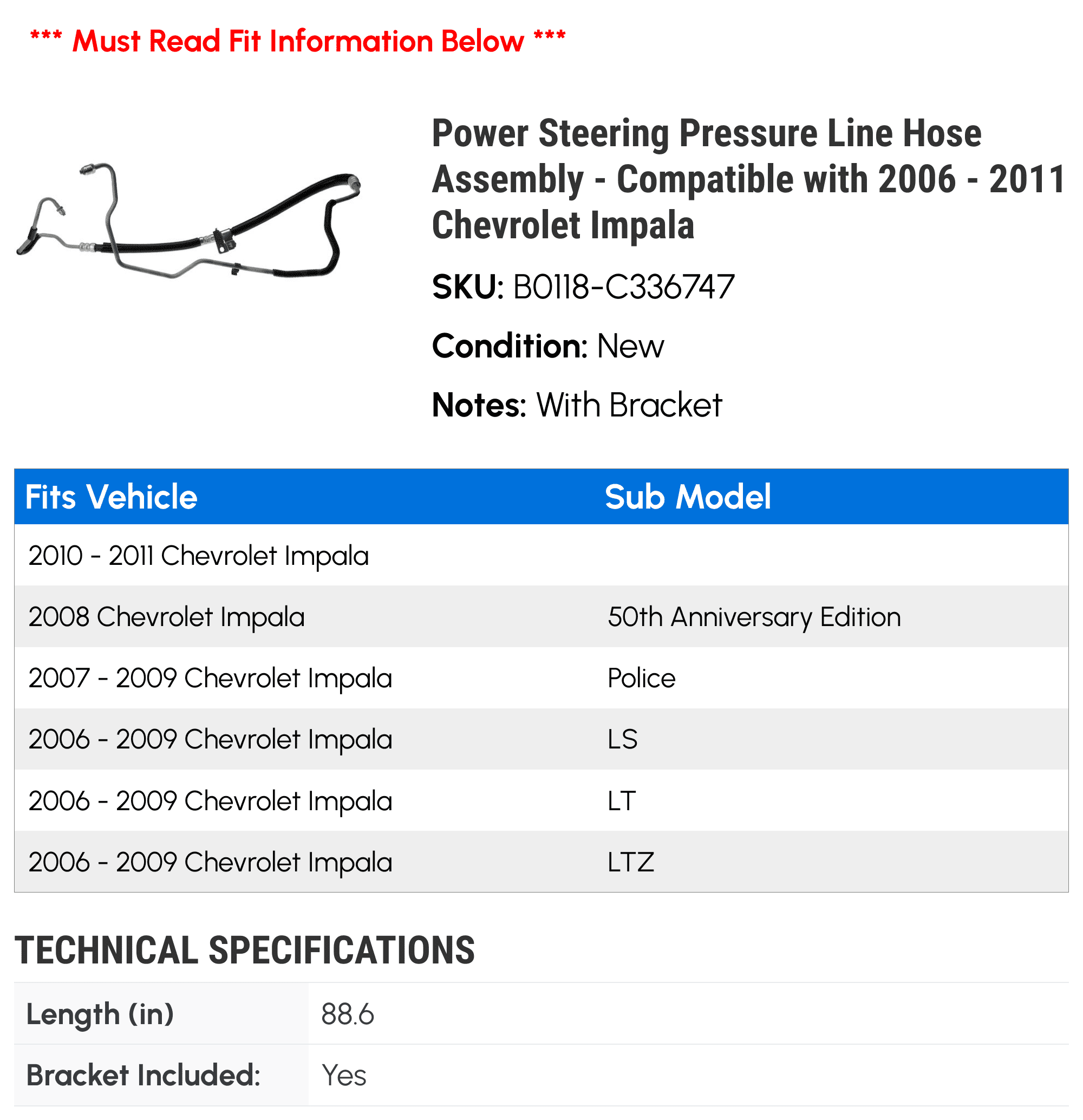 Power Steering Pressure Line Hose Assembly - Compatible with 2006 - 2011 Chevy Impala 2007 2008 2009 2010